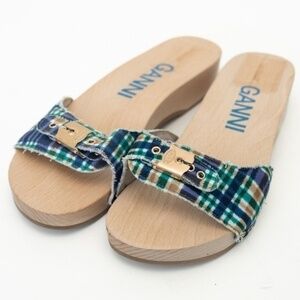 Ganni X Scholl. Wooden Clogs in Check Blue Iris.